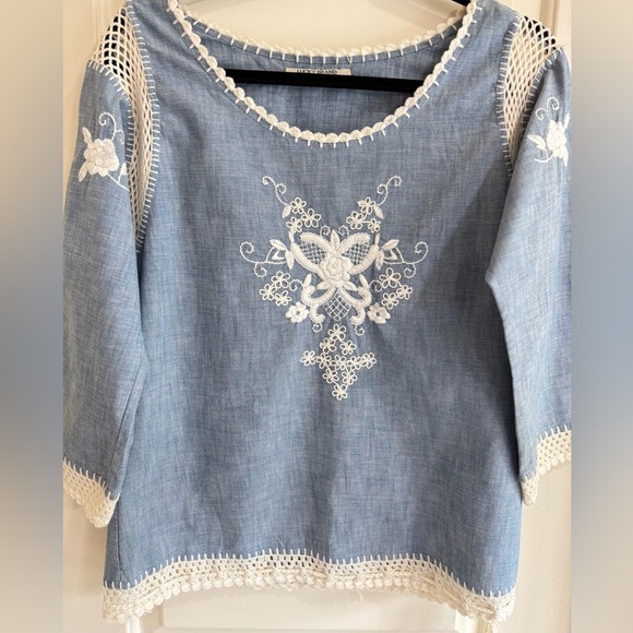 Lucky Brand Tops - Lucky Brand Boho Gauze Blouse Blue Embroidered Crochet Top Women’s S M